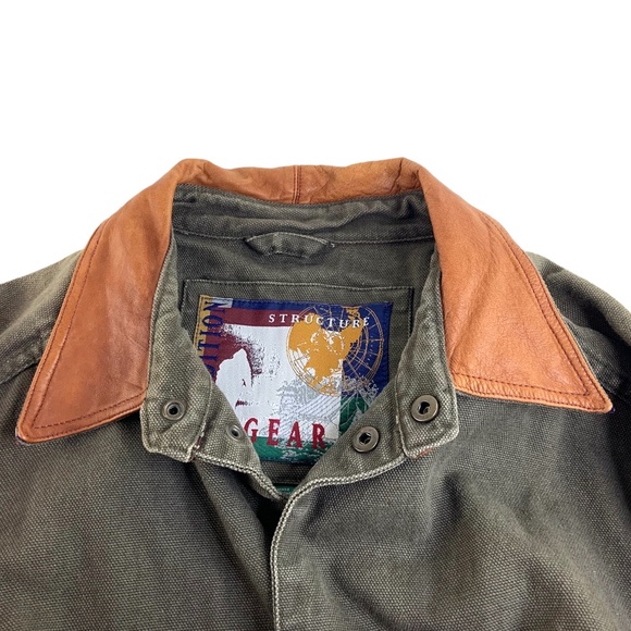 Vtg London Fog Structure Expedition Gear Green Canvas Trench Coat Leather Collar - Picture 2 of 6